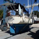 At St. Mary's boat yard for refit and survey. Bottom is good No blisters!<br />Prop is dinged up. New prop and electronics are being installed